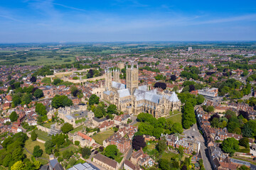Aerial footage of the Lincoln Cathedral, Lincoln Minster in the UK city centre of Lincoln East...