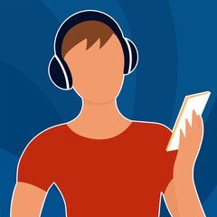 The man listens to music with headphones. Head silhouette. Smartphone with player in hand. Vector flat illustration.