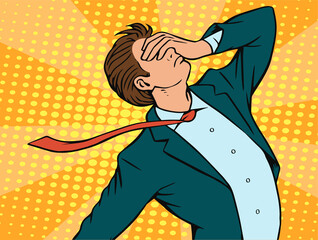 The young man is in great despair. He clutched his head in grief. Vector comic isolated pop art illustration. © Mikhail