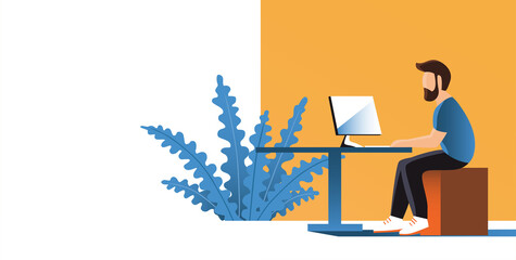 Young modern man work in the office at the computer. Place for text. Vector flat illustration banner.