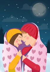 illustration of young woman and man in love, hugging and covered with a blanket on winter background