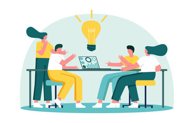 Vector illustration, workers are sitting at the negotiation table, vector collective thinking and brainstorming. An idea appeared. Overhead light