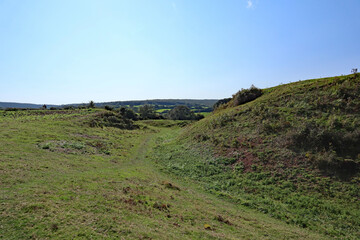 The 11th century Norman Motte and Bailey castle at Nether Stowey in Somerset. Looking northwards towards the Bristol Channel