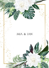 White gardenia, hibiscus, green monstera, palm tropical leaves template vertical card