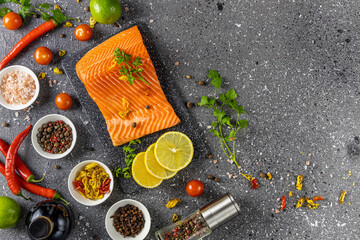 Raw salmon fillet and ingredients for cooking, seasonings and herbs on a dark background