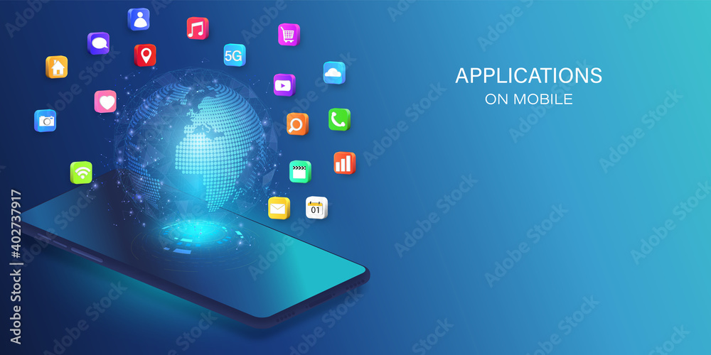 Wall mural application on mobile, smartphone with application icons isolated on global network background as ne