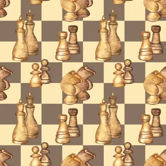 Fotobehang Eclectische stijl Naadloze patroon met schaakstukken op schaakbord achtergrond. Aquarel handgetekende elementen. Moderne en eclectische stijl.
