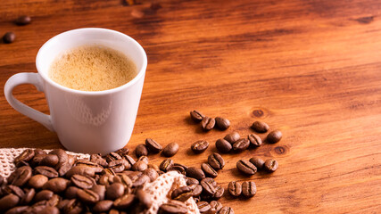 Homemade cafe fresh hot espresso in steam white mug cup brew from organic sustainable coffee shop drink roasted brown bean with recycle disposable paper package with refresh aroma