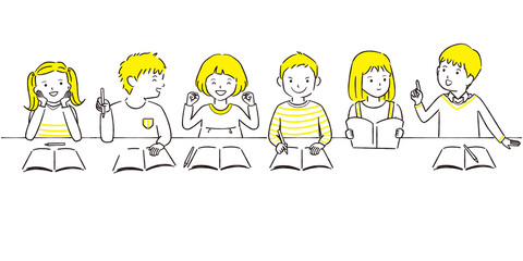 手描き1color 6人男女　お勉強