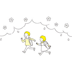 手描き1color 桜の木の下で走るランドセルを背負った男女