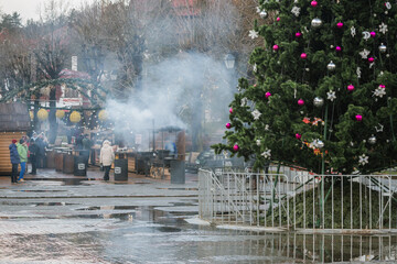 TRUSKAVETS, UKRAINE - JANUAR 1, 2021: New Year Fair and New Year tree
