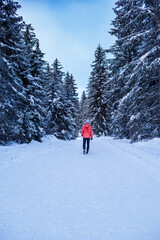man running in a winter forest