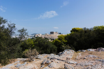 Panoramic view of the Acropolis from Philopappou Hill, Athens, Greece.