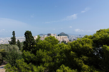 Panoramic view of the Acropolis from Philopappou Hill, Athens, Greece.