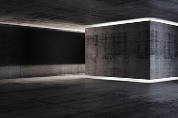Abstract concrete interior background, dark room 3d