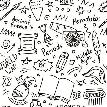 History Seamless Pattern. Hand Drawn Historical Doodle.