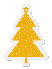 Sticker. The Christmas tree is yellow. Template for greeting cards, prints, cups, clothes. 3D rendering. Vector illustration.