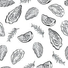 Oysters shells sketch line art food vector seamless pattern isolated on white background. Concept for wallpaper, menu, cards, print 