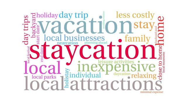 Staycation animated word cloud on a white background.