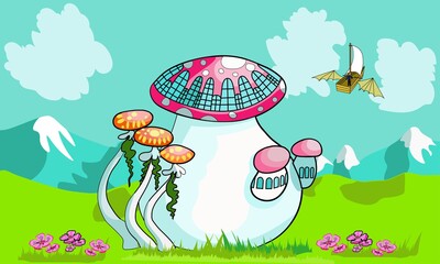 Children's illustration of mushrooms. Mushroom castle on the background of mountains.Drawn children's book illustration. Design for postcards, wallpaper, photo wallpaper