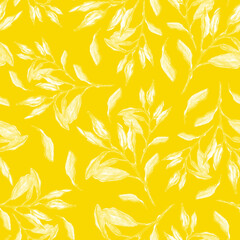 Avocado twigs and leaves. Watercolor seamless pattern on yellow background.