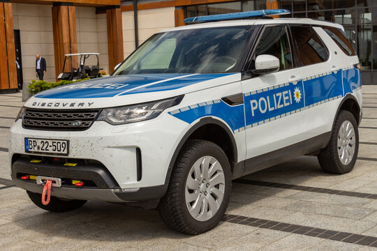 Arlamow, Poland - May, 2019: German Federal Police patrol car Land Rover Discovery. Off-road utility vehicle