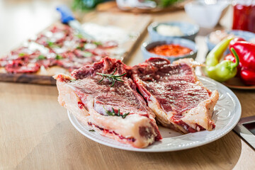 A close-up view of the meat steak ready for grill.