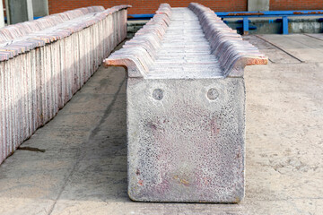 View of the anode copper plates in the factory. Copper is one of the few metals that can occur in...