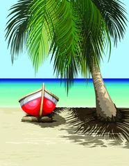 Crédence de cuisine en verre imprimé Dessiner Bateau sur Sunny Tropical Beach Paysage exotique tranquille Vector illustration