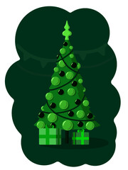 Christmas tree with glass balls and a garland with gifts on a dark background in green monochrome shades