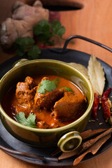 Food Concept Homemade Beef masala curry with masala spices ingredients with copy space
