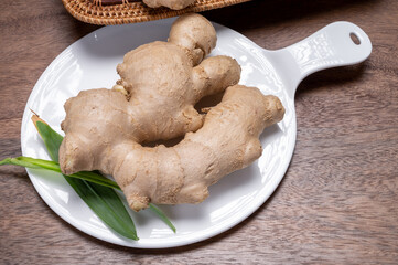 Fresh ginger rhizome root used in traditional medicines and for flavoring meals worldwide.