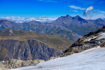 View on glacier near winter and summer sky station Les deux Alpes in summer