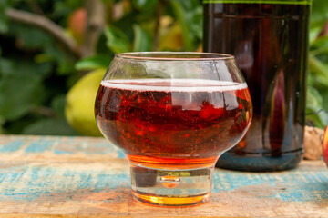 Glass of rose apple cider from Normandy, France and green apple tree with ripe red fruits on background