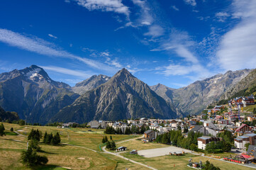 Landscape with view on ski station Les deux Alpes and Alpine mountains peaks in summer, Isere,...