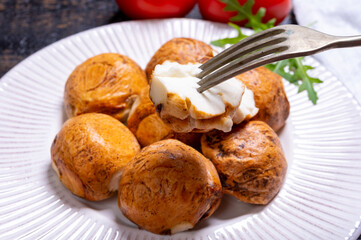 Tasty Italian food, small balls of smoked mozzarella soft cheese