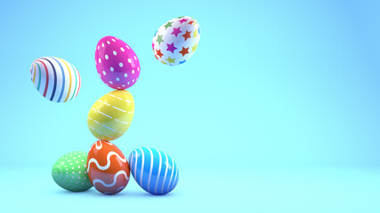 Colorful painted easter eggs in 3d render to celebrate easter on blue background with copy space