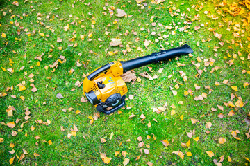 A leaf blower on a grass in a garden. Cleaning a lawn.