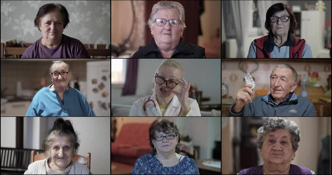 A group of senior  people using video conferencing technology with a female doctor.  
Older people in their 70s look at the camera and listen to health prevention, drug therapy. Online treatment