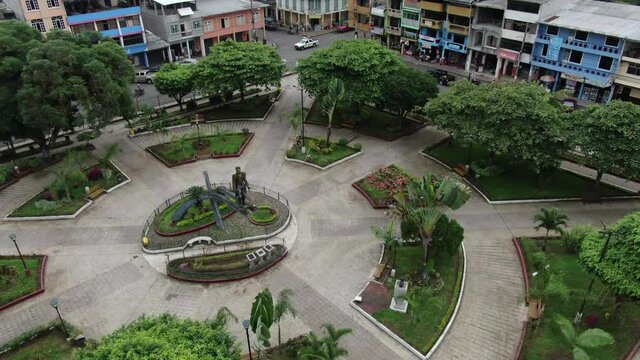 Echeand&iacute;a - Ecuador  04-04-2020: aerial shot of small town on the green forest of Ecuador