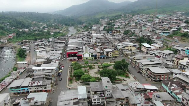 Echeand&iacute;a - Ecuador  04-04-2020: aerial shot of small town on the green forest of Ecuador