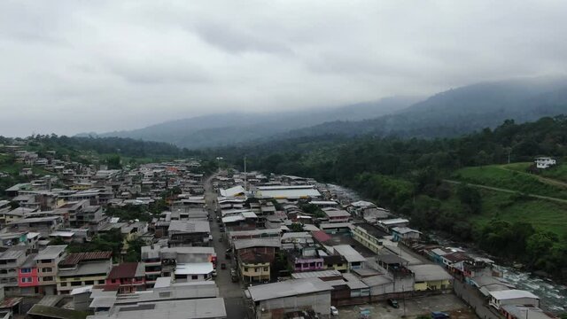 Echeand&iacute;a - Ecuador  04-04-2020: aerial shot of small town on the green forest of Ecuador