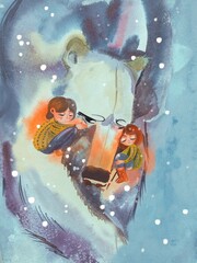 watercolor drawing; a girl; a boy; polar bear are sleeping; cartoon character; postcard - 402750559