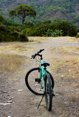 Fototapeta na wymiar Green bike standing on sirt road with forest in the background.