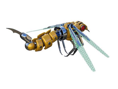Mechanical wasp robot isolated on the white background. High resolution clip art for developing futuristic scenes. 3d rendering, 3d illustrations.