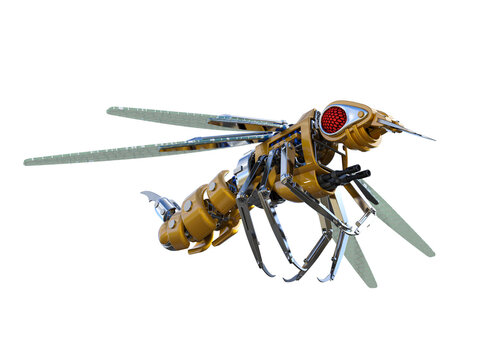Mechanical wasp robot isolated on the white background. High resolution clip art for developing futuristic scenes. 3d rendering, 3d illustrations.