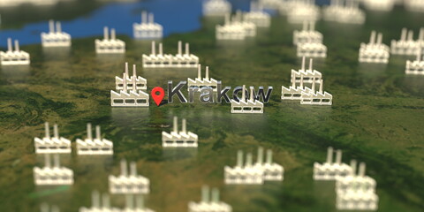 Factory icons near Krakow city on the map, industrial production related 3D rendering