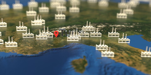 Fototapeta na wymiar Factory icons near Turin city on the map, industrial production related 3D rendering