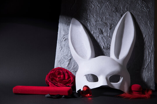 rabbit latex mask. Dark background. 