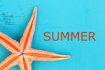 orange starfish on blue board, summer text